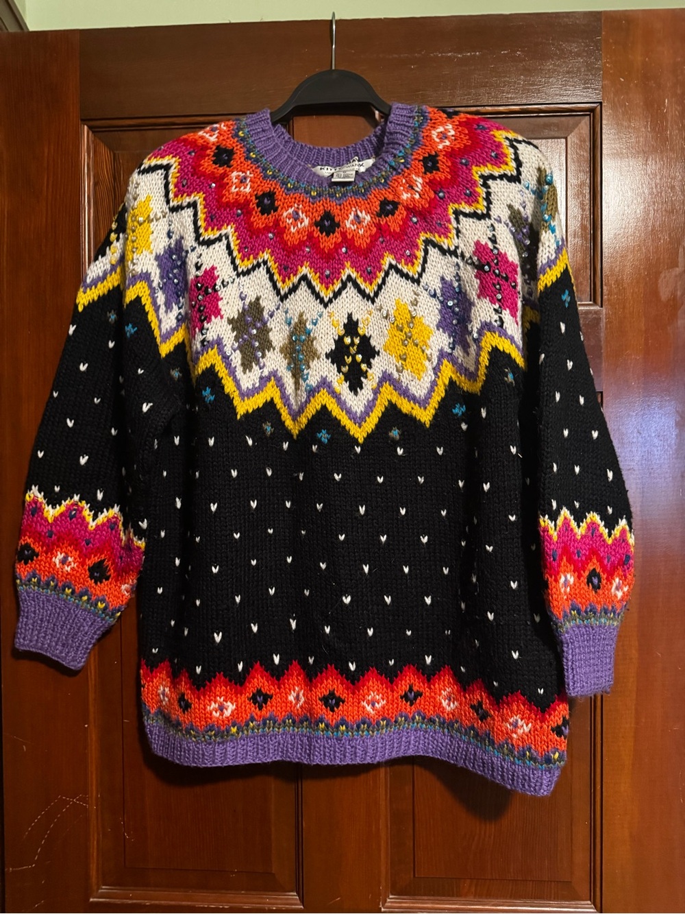 Vintage 80’s Kitty Hawk Black Multicolor Fair Isle Wool Blend Sweater Sz. Meduim